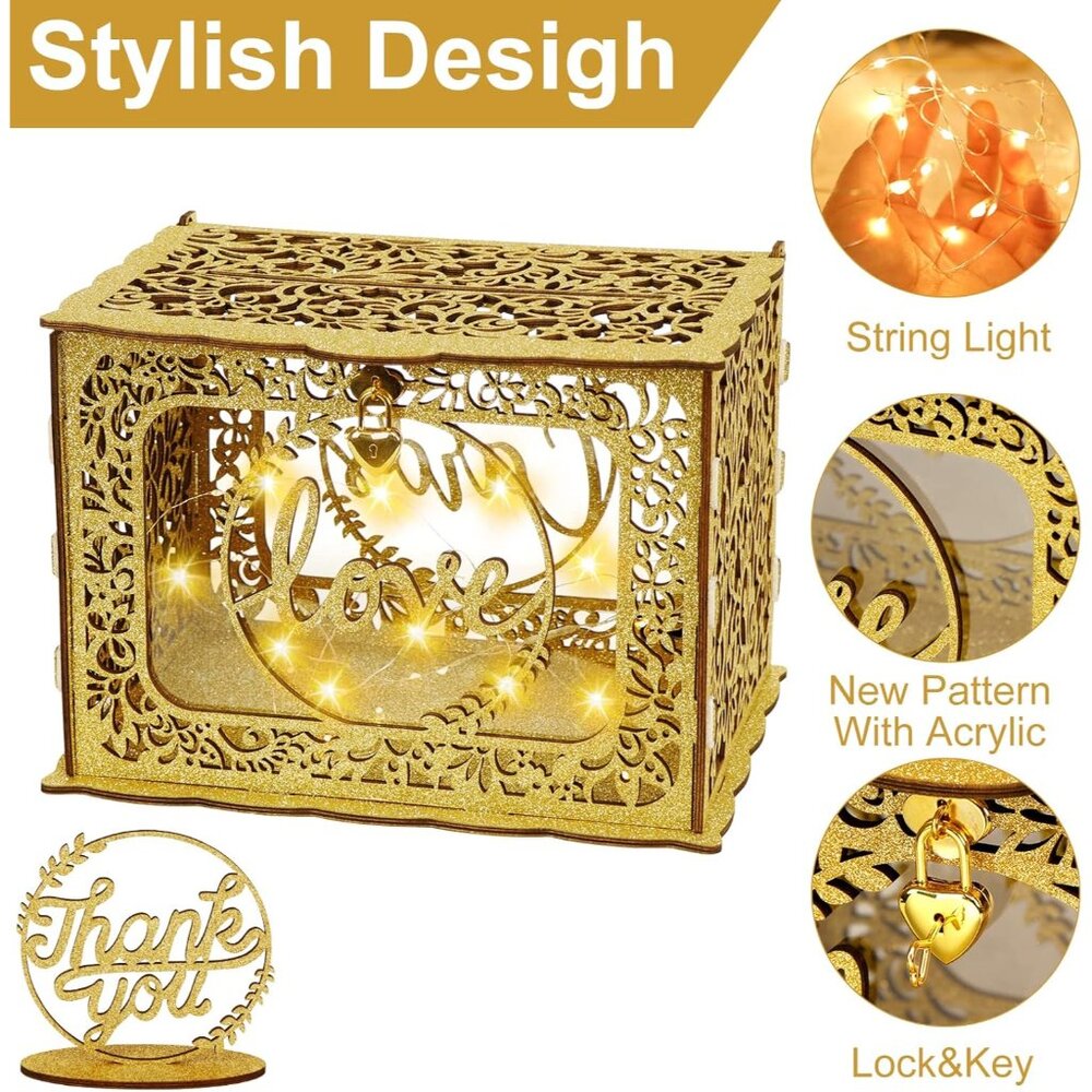 Gold Card Box for Wedding, Glitter Wooden Wedding Card Box with Heart Lock and S - Picture 3 of 6